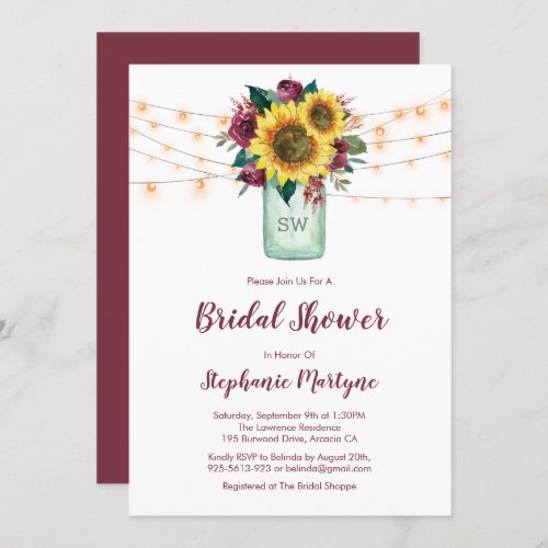 Rustic Sunflower Lights Mason Jar Bridal Shower Invitation