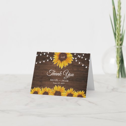 Rustic Sunflower Lights Monogram Wedding Thank You