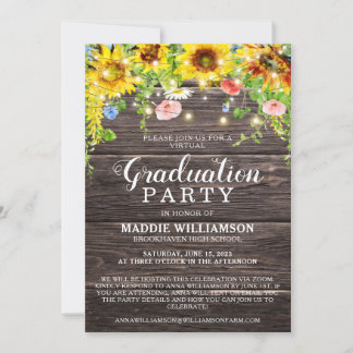 Rustic Sunflower Lights PHOTO VIRTUAL Graduation Invitation
