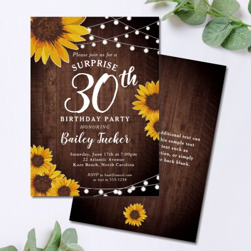 Rustic Sunflower  Lights Surprise 30th Birthday Invitation
