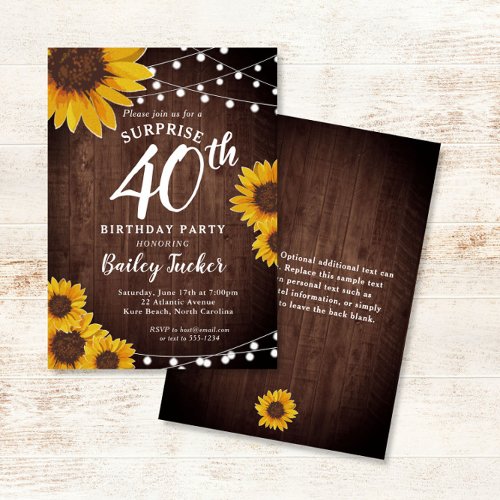 Rustic Sunflower  Lights Surprise 40th Birthday Invitation