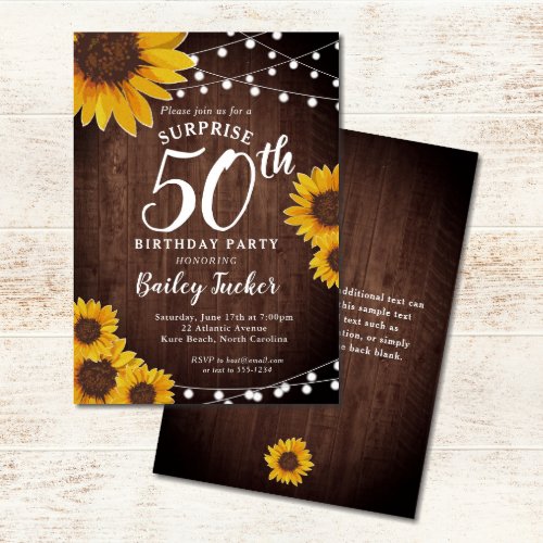Rustic Sunflower  Lights Surprise 50th Birthday Invitation