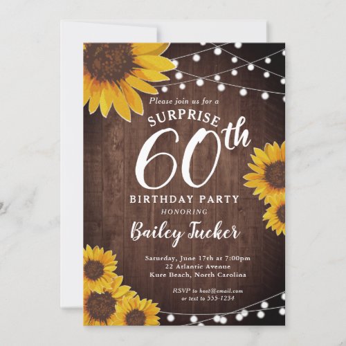 Rustic Sunflower  Lights Surprise 60th Birthday Invitation