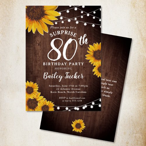 Rustic Sunflower  Lights Surprise 80th Birthday Invitation