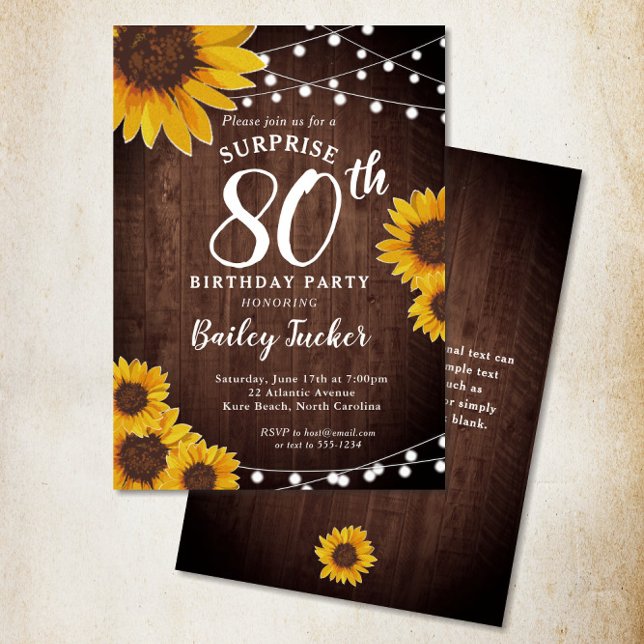 Rustic Sunflower & Lights Surprise 80th Birthday Invitation (Creator Uploaded)