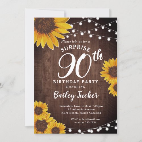 Rustic Sunflower  Lights Surprise 90th Birthday Invitation