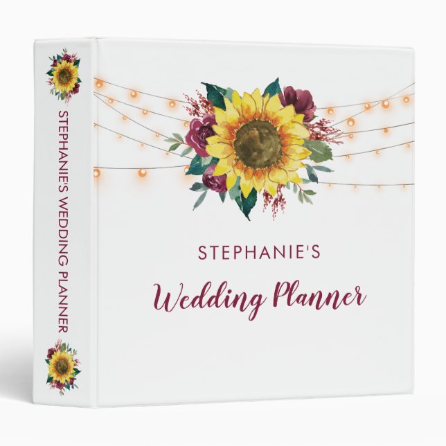 Rustic Sunflower Lights Wedding Planner 3 Ring Binder (Front/Spine)