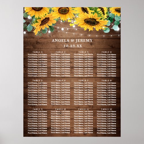 Rustic Sunflower Lights Wedding Seating Chart - Create your own Seating Plan Poster with this "Rustic Sunflower String Lights 12 Tables Wedding Seating Chart" template to match your wedding colors and style. This high-quality design is easy to customize to be uniquely yours! 
(1) The default size is 18 x 24 inches, you can change it to other size.  
(2) If you need help or matching items, please contact me.