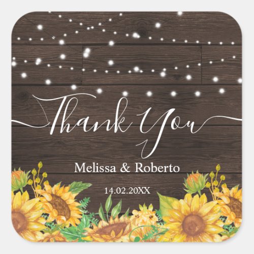 rustic sunflower lights wedding square sticker