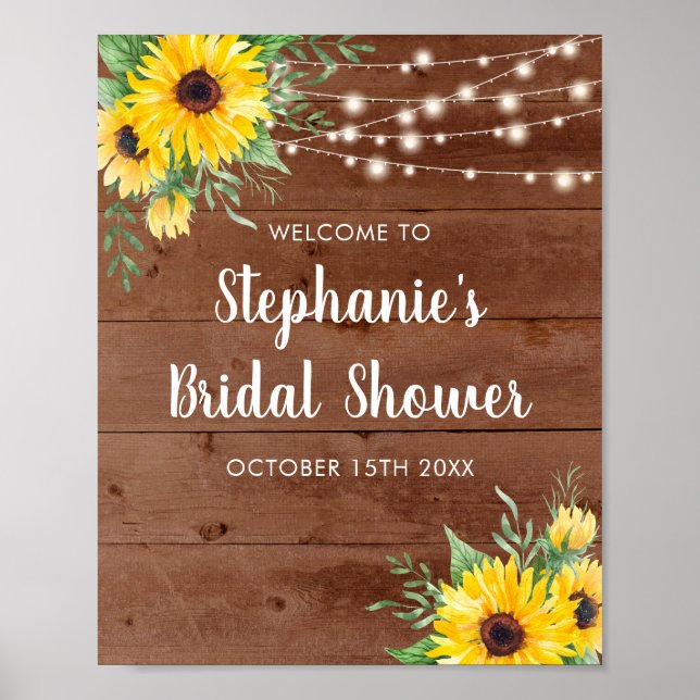 Rustic Sunflower Lights Wood Bridal Shower Poster (Front)
