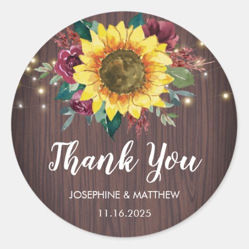 Rustic Sunflower Lights Wood Thank You Classic Round Sticker