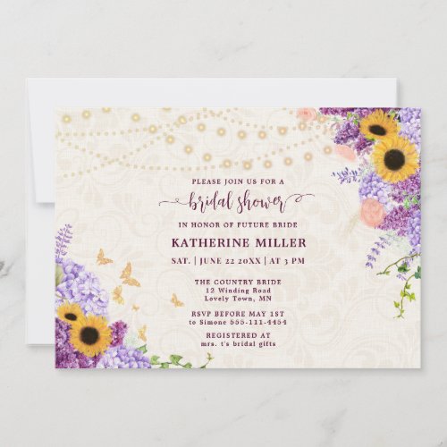 Rustic Sunflower Lilac Beige Linen Bridal Shower Invitation