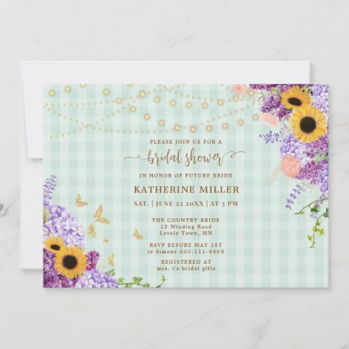 Rustic Sunflower Lilac Green Gingham Bridal Shower Invitation