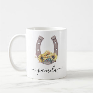 Rustic Sunflower Lucky Horseshoe Custom Name Coffee Mug