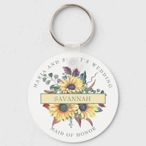 Rustic Sunflower Maid of Honor Button Keychain