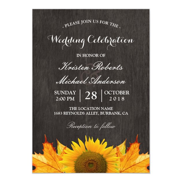 Rustic Sunflower Maple Leaves Wedding Celebration Invitation