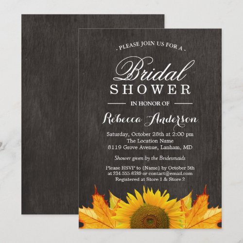 Rustic Sunflower Maple Leaves Wood | Bridal Shower Card