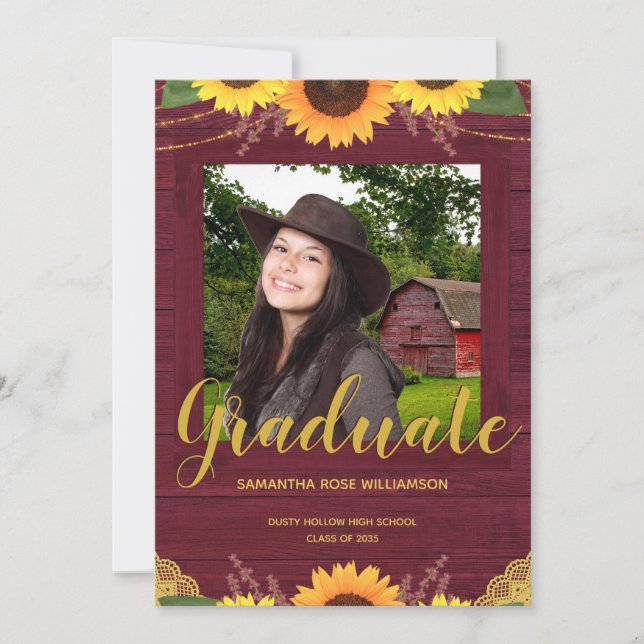 Rustic Sunflower Maroon Gold 2 Photo Graduation Announcement (Front)