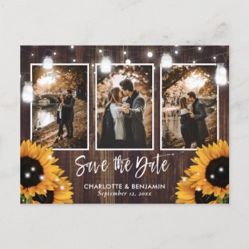 Rustic Sunflower Mason Jar 3 Photo Save The Date Announcement Postcard by rusticweddingcards at Zazzle