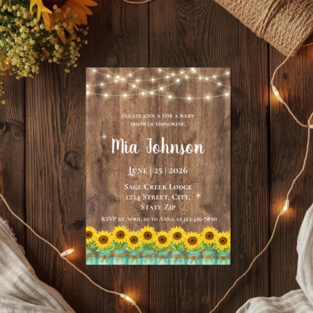 Rustic Sunflower Mason Jar Baby Shower Invitation (Rustic Sunflower Baby Shower Invitation: Charming farmhouse wood, fairy lights, & floral mason jar.)