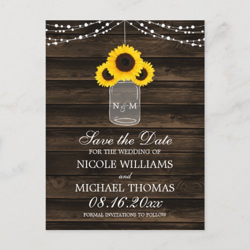 Rustic Sunflower Mason Jar Barn Wood Save the Date Announcement Postcard