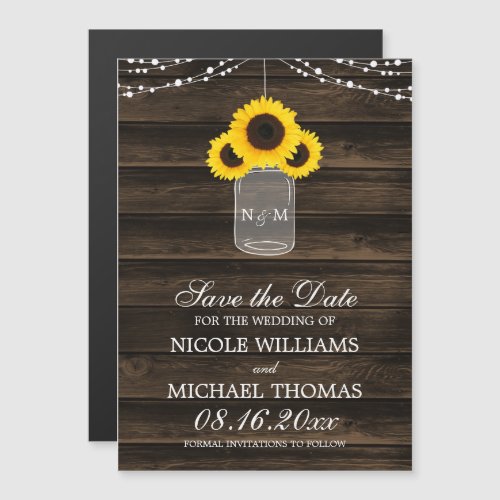 Rustic Sunflower Mason Jar Barn Wood Save the Date Magnetic Invitation