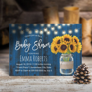 Rustic Sunflower Mason Jar Blue Wood Baby Shower Invitation
