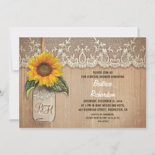 rustic sunflower mason jar bridal shower invitation