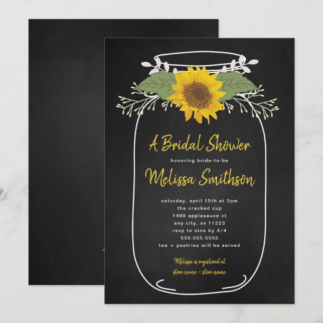 Rustic Sunflower Mason Jar Bridal Shower invite (Front/Back)