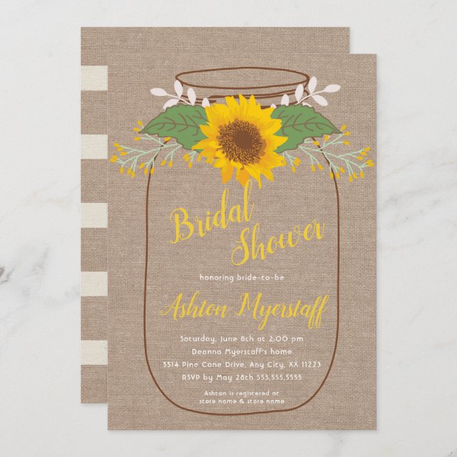 Rustic Sunflower Mason jar bridal shower invites (Front/Back)
