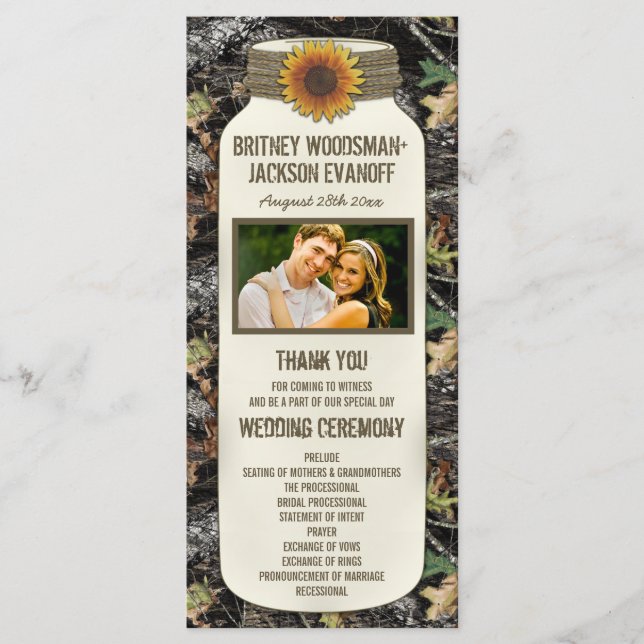 Rustic Sunflower Mason Jar Camo Wedding Programs (Front)