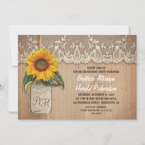 rustic sunflower mason jar engagement party invitation - Rustic old wood background, vintage ivory lace and cute mason jar with sunflower blossom hanging on the little rope - perfect invitation for country theme engagement party with mason jars and sunflowers accents. 



