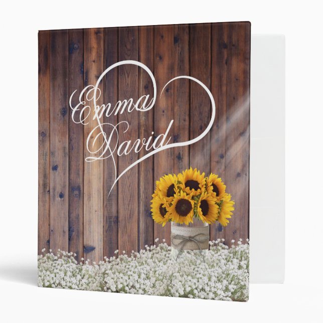 Rustic Sunflower Mason Jar Floral Wedding Album 3 Ring Binder (Front/Inside)