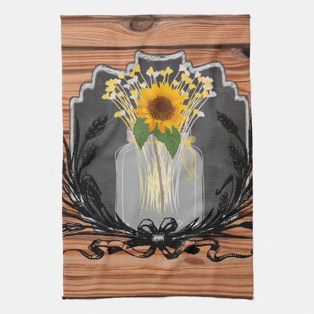 Rustic Sunflower Mason Jar Kitchen Towel (Vertical)