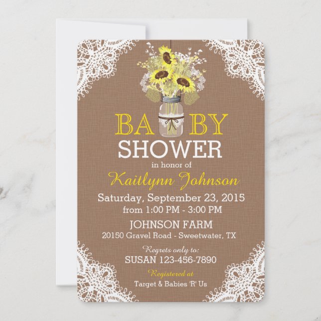 Rustic Sunflower Mason Jar Lace Baby Shower Invite (Front)