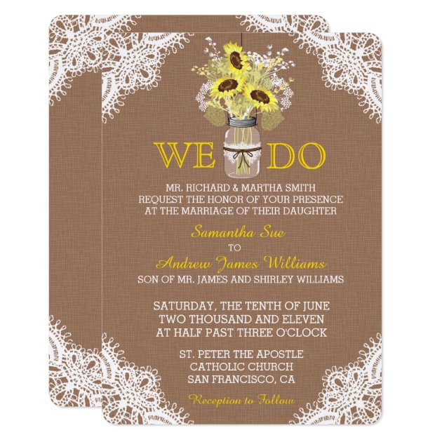 Rustic Sunflower Mason Jar Lace Wedding Invitation