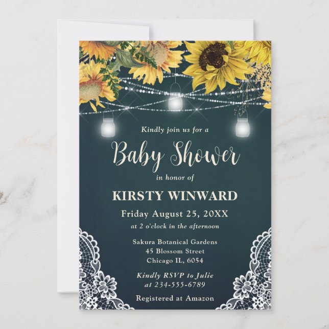 Rustic Sunflower & Mason Jar Lights Baby Shower Invitation (Front)