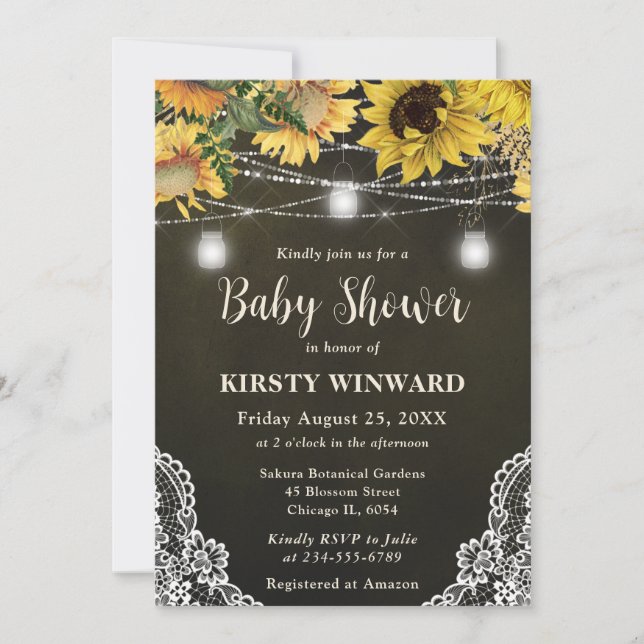 Rustic Sunflower & Mason Jar Lights Baby Shower Invitation (Front)