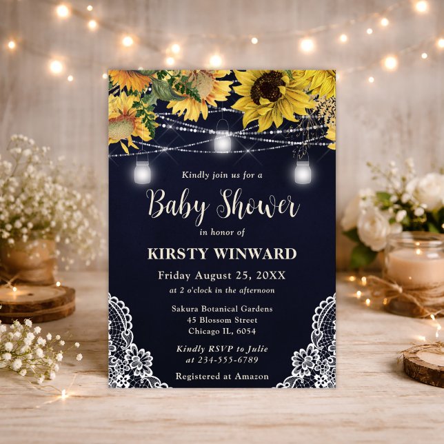 Rustic Sunflower & Mason Jar Lights Baby Shower Invitation (Creator Uploaded)