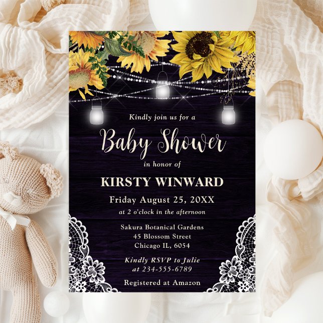 Rustic Sunflower & Mason Jar Lights Baby Shower Invitation (Creator Uploaded)