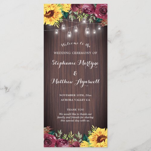 Rustic Sunflower Mason Jar Lights Floral Wedding Program
