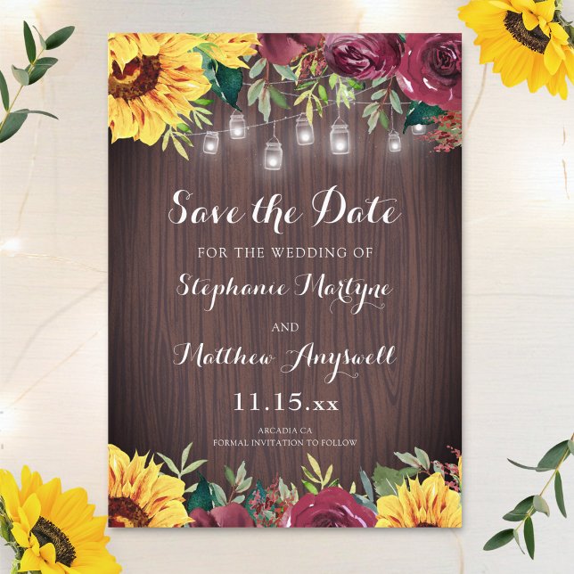 Rustic Sunflower Mason Jar Lights Floral Wedding Save The Date (Creator Uploaded)