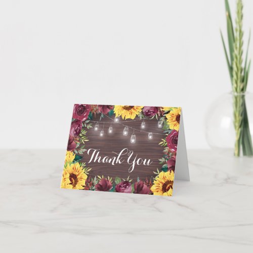 Rustic Sunflower Mason Jar Lights Floral Wedding Thank You Card