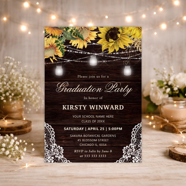 Rustic Sunflower & Mason Jar Lights Graduation Invitation (Creator Uploaded)