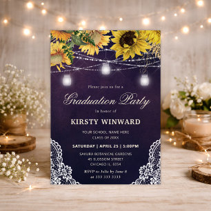 Rustic Sunflower & Mason Jar Lights Graduation Invitation
