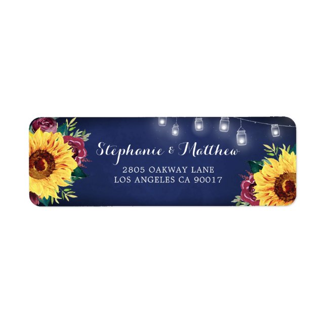 Rustic Sunflower Mason Jar Lights Navy Wedding Label (Front)