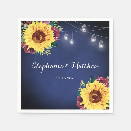 Rustic Sunflower Mason Jar Lights Navy Wedding Napkins