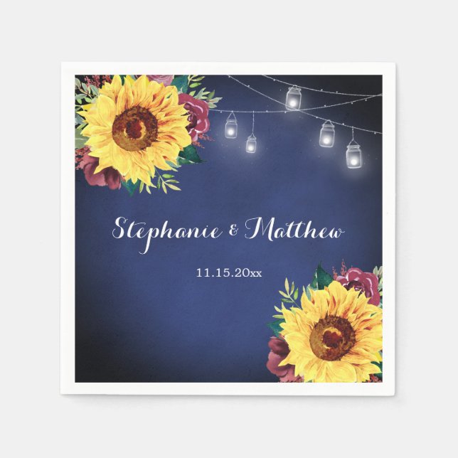 Rustic Sunflower Mason Jar Lights Navy Wedding Napkins (Front)