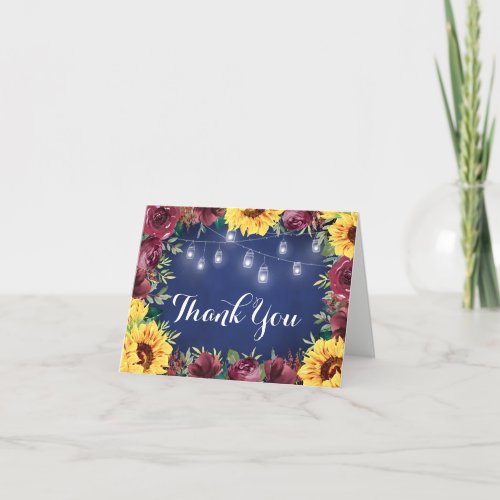 Rustic Sunflower Mason Jar Lights Navy Wedding Thank You Card