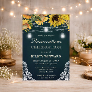 Rustic Sunflower & Mason Jar Lights Quinceanera Invitation